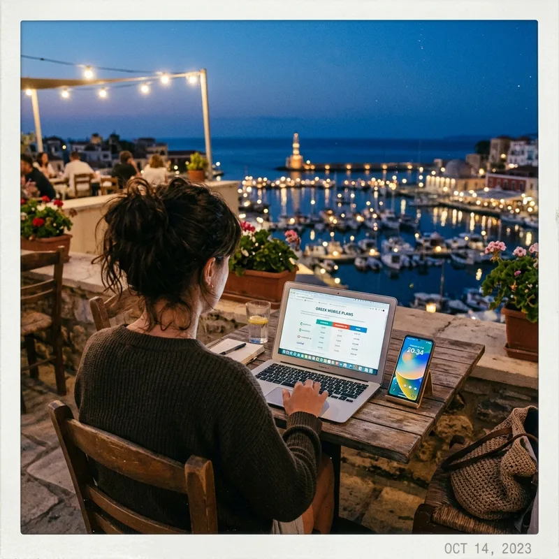 Comparing mobile plans on a laptop at a rooftop table