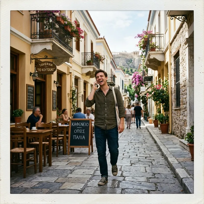 Phone call while walking through Plaka, Athens