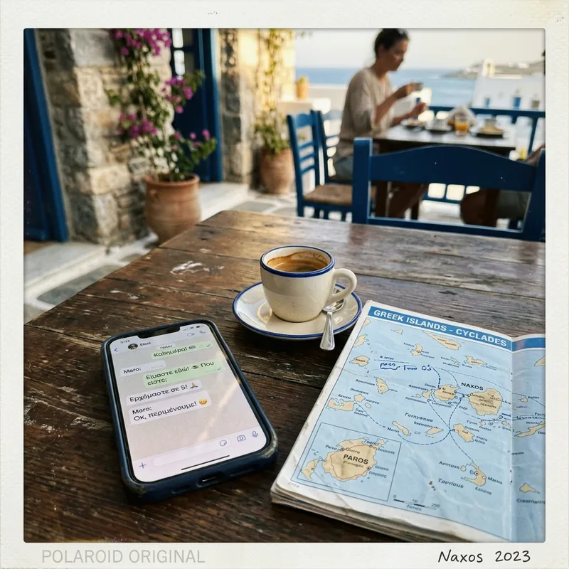 Phone with an open chat on a taverna table