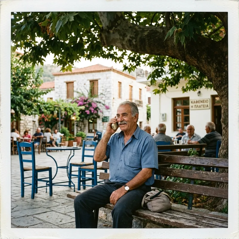 A local on a call in a village square