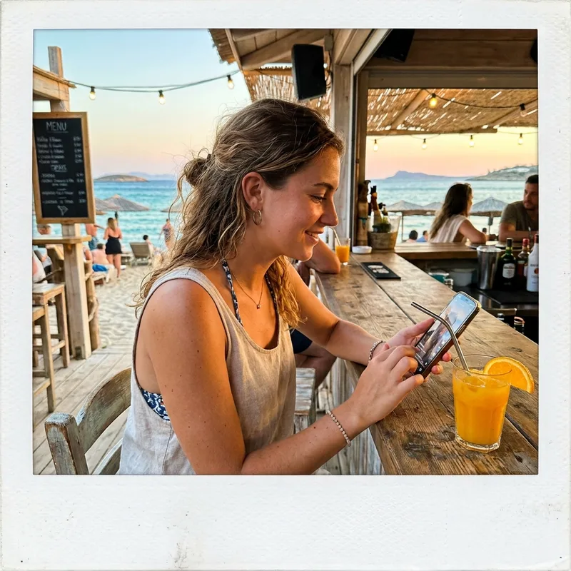 Scrolling short videos at a beach bar