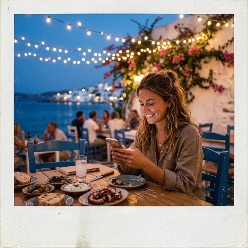 Traveler checking a phone at a seaside taverna at dusk
