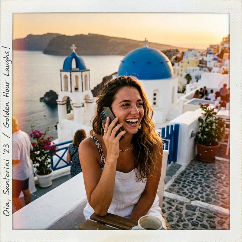 Traveler on a call at a Santorini terrace