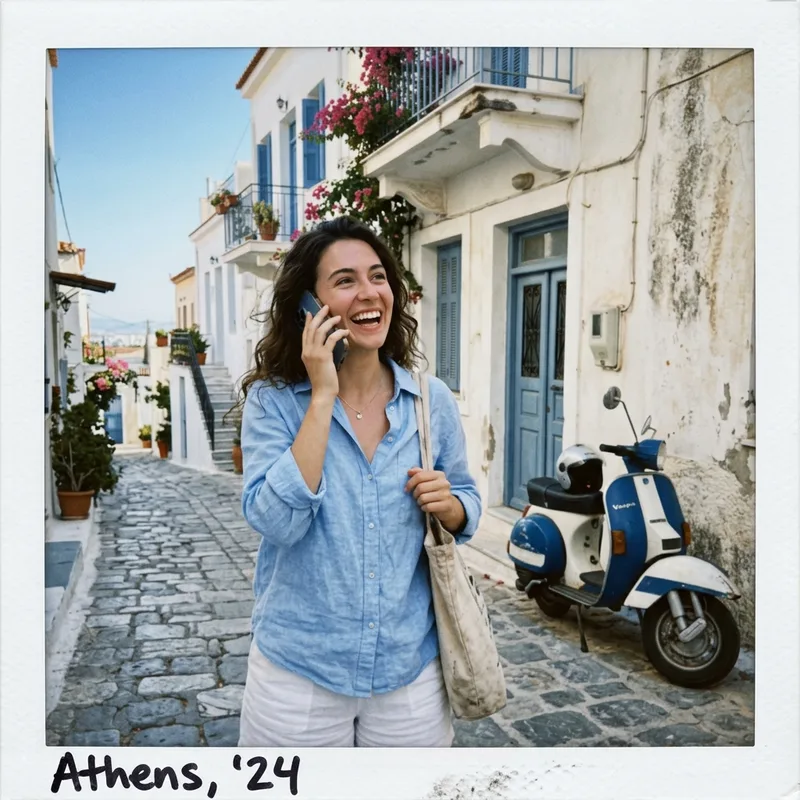 Answering an incoming call on a Greek street