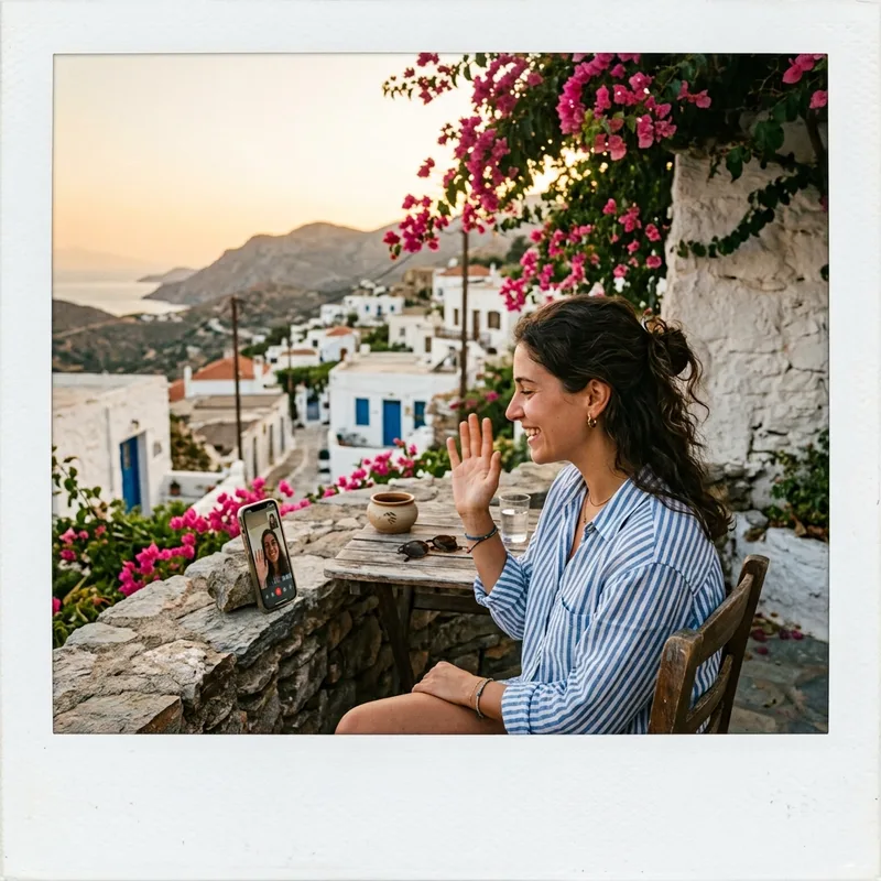 Video call from a mountain village terrace