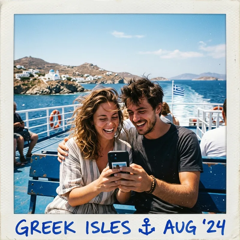 Couple on a ferry deck checking one phone together
