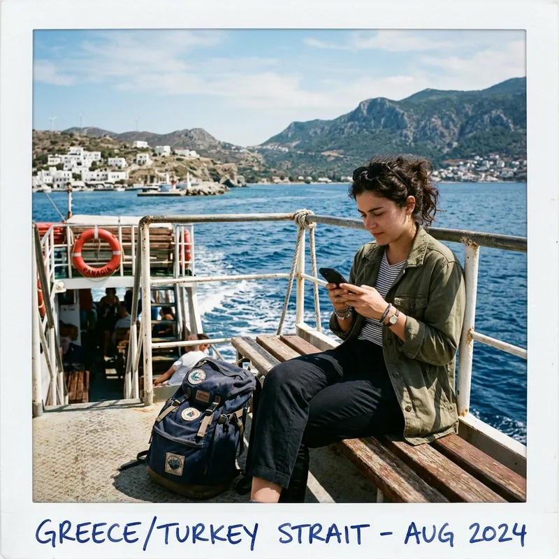 Texting on the ferry between Greece and Turkey