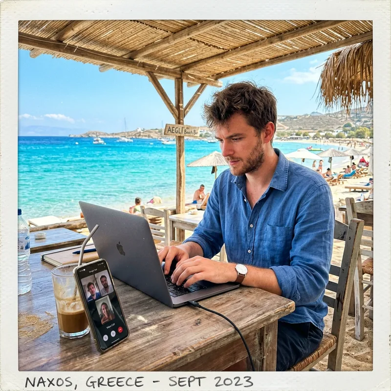 Laptop on a phone hotspot at a beach bar