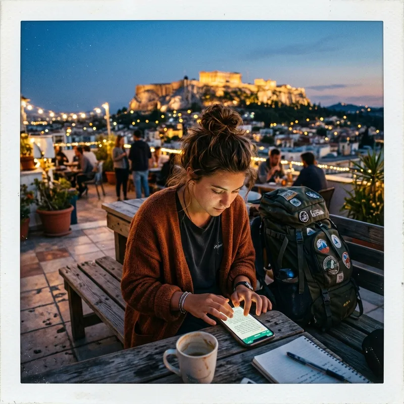 Typing a chat message on a hostel rooftop at dusk